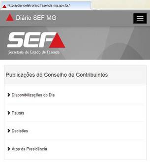 Tela inicial do Diário Eletrônico da SEF, acessada por tablet, em diarioeletronico.fazenda.mg.gov.br
