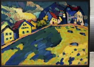 Quadro “Casas na montanha”, obra em óleo sobre cartão, de Kandinsky