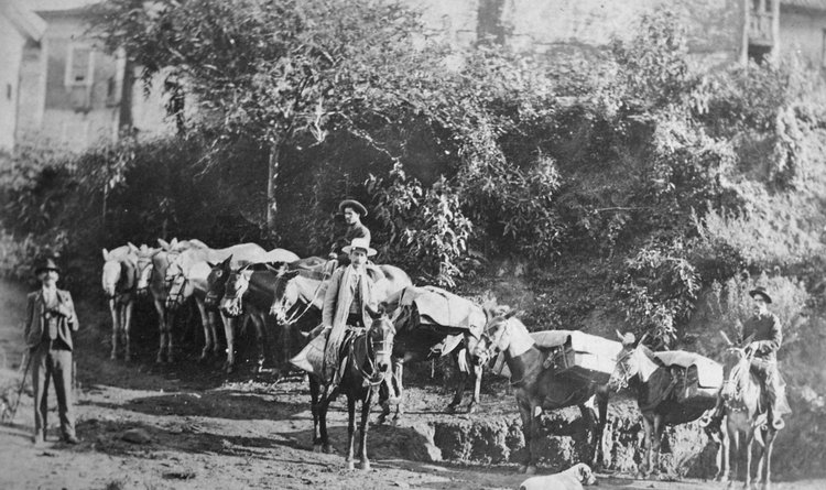 Foto datada de 1905 mostra grupo de tropeiros em frente à Igreja do Rosário, em Ipoema