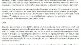 Pleito de apoio à cafeicultura, apresentado por Anastasia a Dilma, ganha destaque na mídia