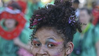 Fantasias coloridas, canto e dança marcaram o desfile ao som do samba enredo